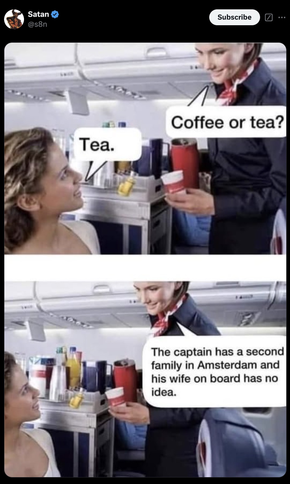 coffee or tea coffee wrong it's tea - Satan Subscribe Tea. Coffee or tea? The captain has a second family in Amsterdam and his wife on board has no idea.